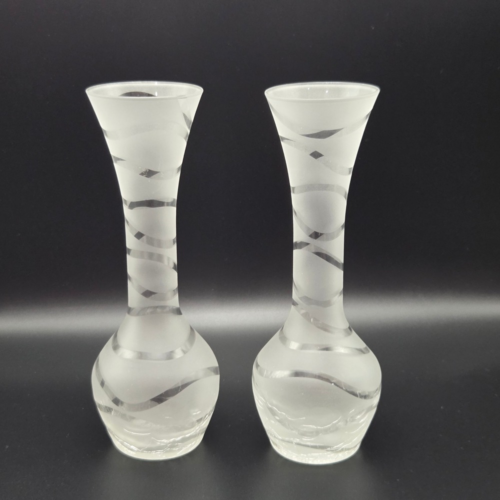 Frosted Glass Bud Vases Set of 2 Clear Swirl Pattern Crackle Base Long Neck 10in